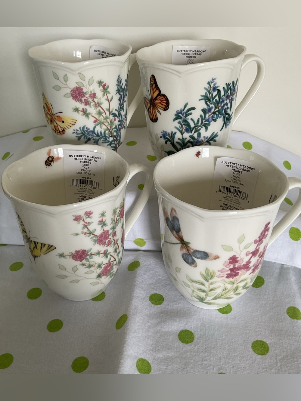 NWT Lenox Porcelain Butterfly Meadow Herbs Cups, Set of 4